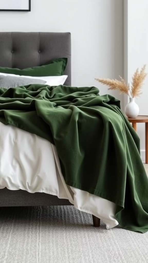 A dark green throw blanket casually draped over a bed, adding a cozy and inviting touch to the room.