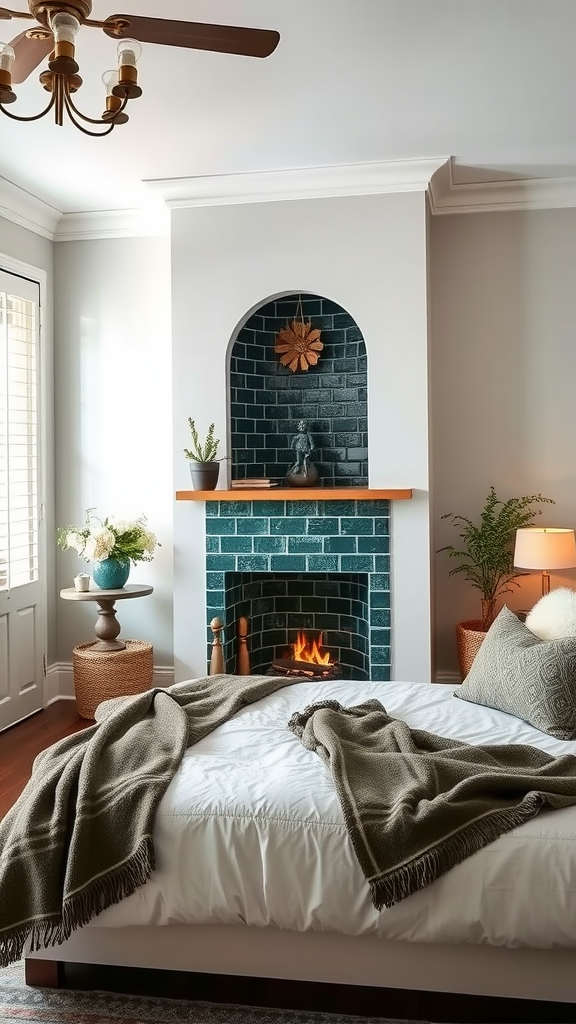 A cozy bedroom with dark green tile accents, featuring a fireplace and comfortable bedding.