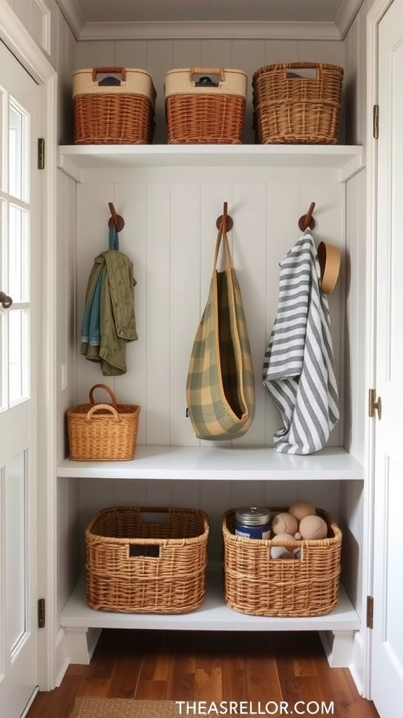 A neat storage area with decorative baskets, hanging clothes, and a cozy design.