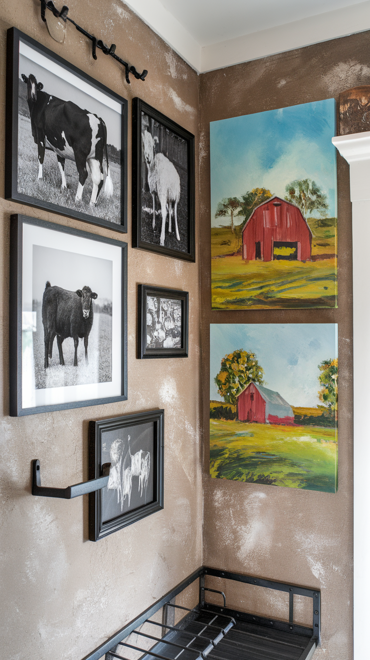 A wall displaying a mixture of black and white animal photographs and colorful paintings of barns.