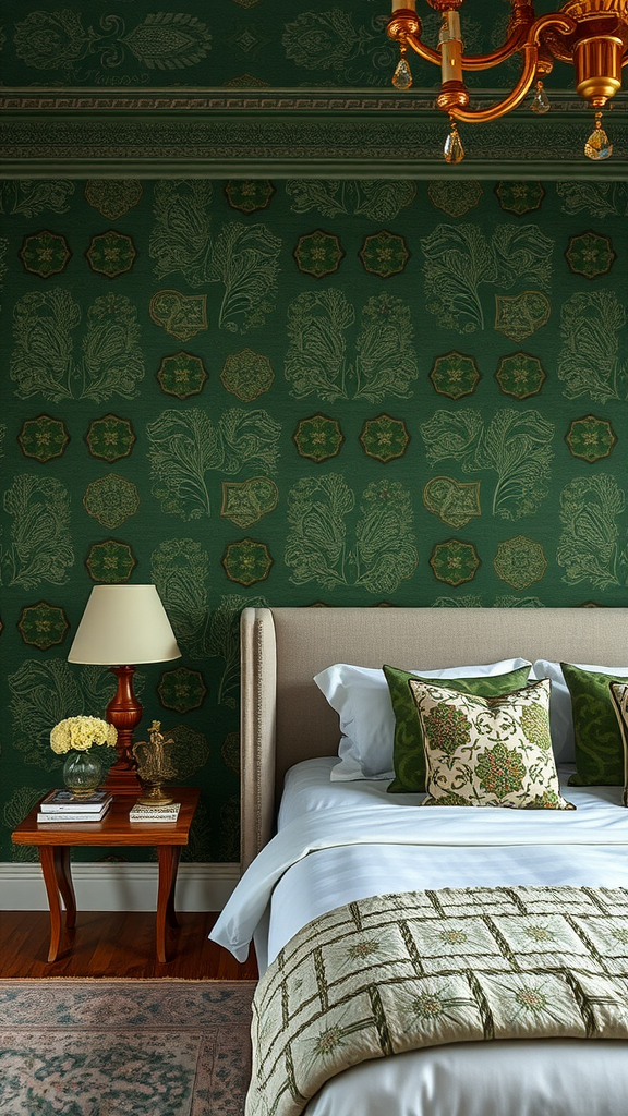 A bedroom with deep green wallpaper featuring intricate floral patterns, a bed with decorative pillows, a nightstand with a lamp, and a chandelier.