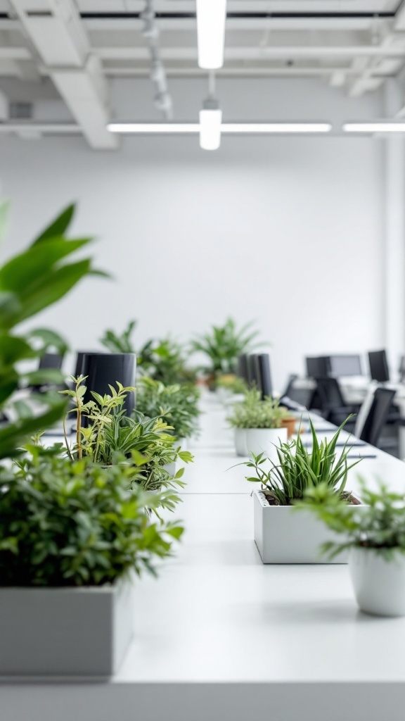 Office desks with integrated planters filled with greenery