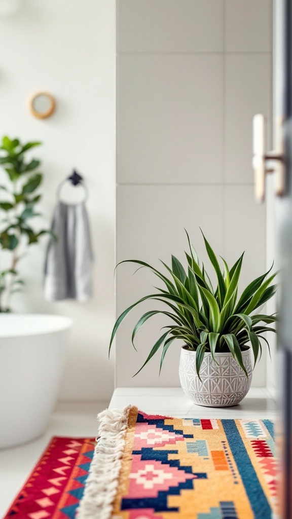 Dracaena plant in a stylish pot on a bathroom shelf, enhancing the decor.