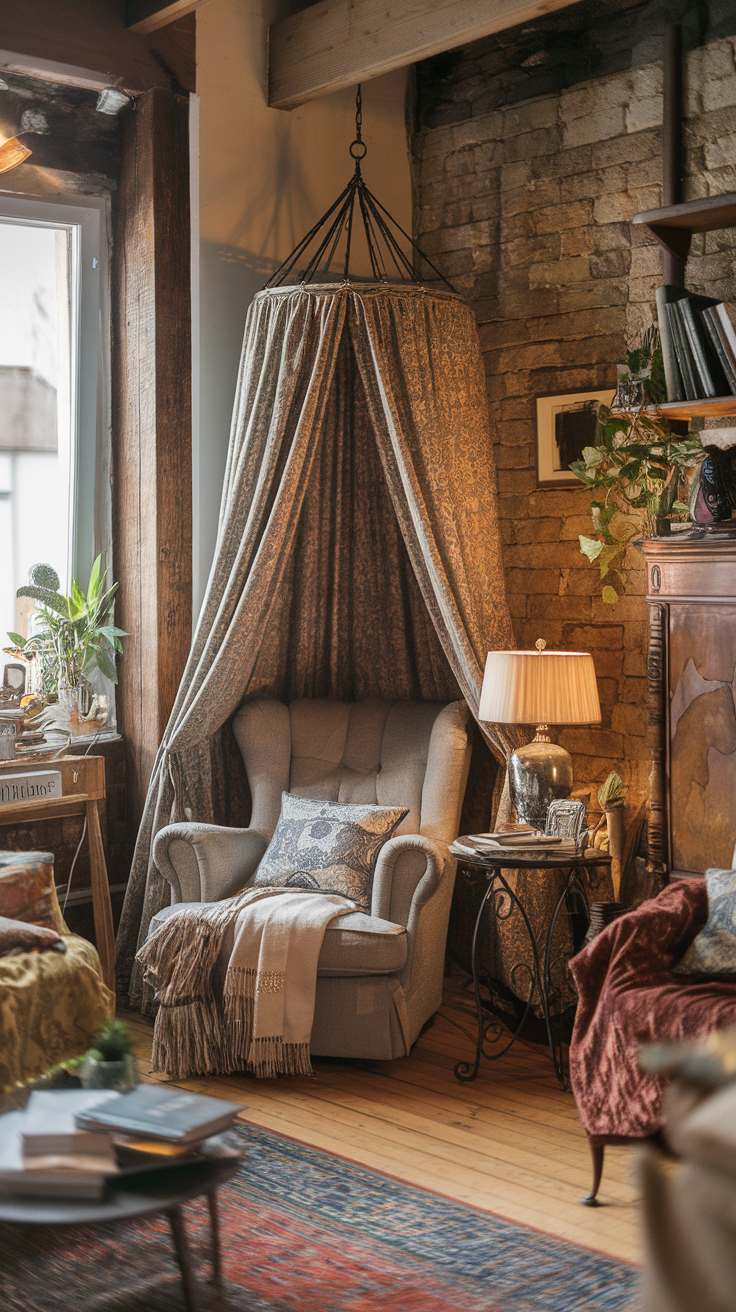 A cozy corner with a canopy setup, featuring a comfortable chair, soft lighting, and decorative elements.