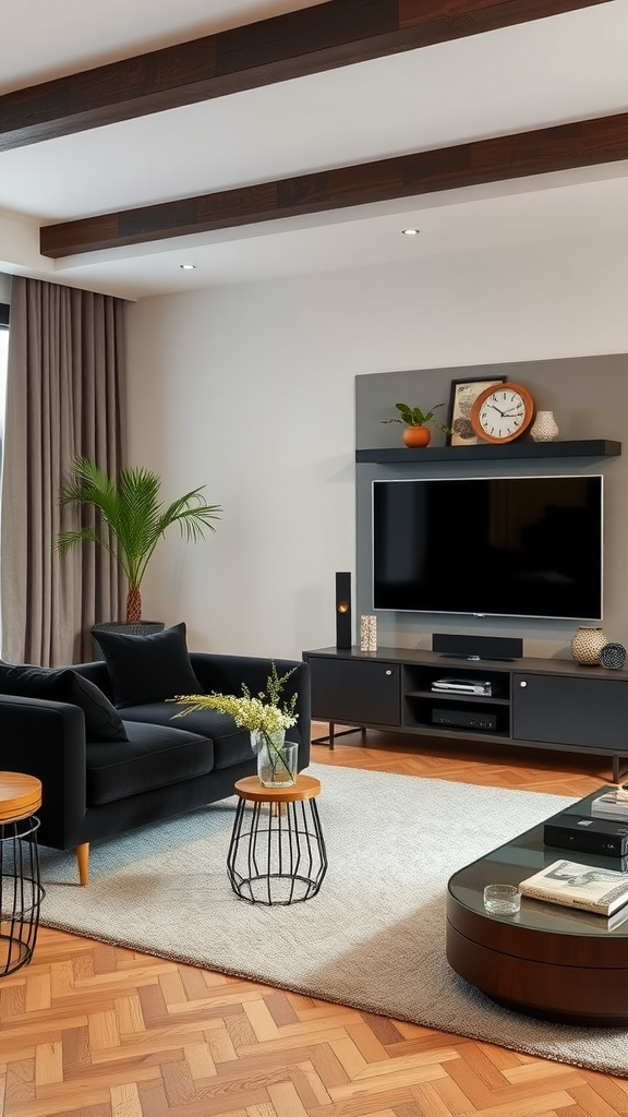 A stylish living room with a modern entertainment setup, featuring a TV, cozy sofa, and decorative elements.