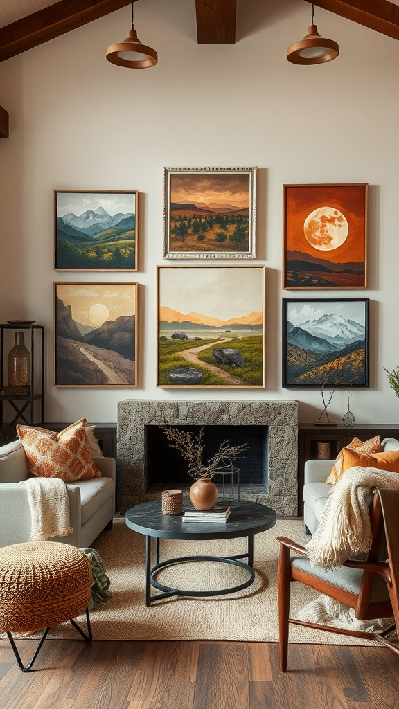 A cozy living room with earthy artwork on the wall, featuring landscapes and a warm decor.