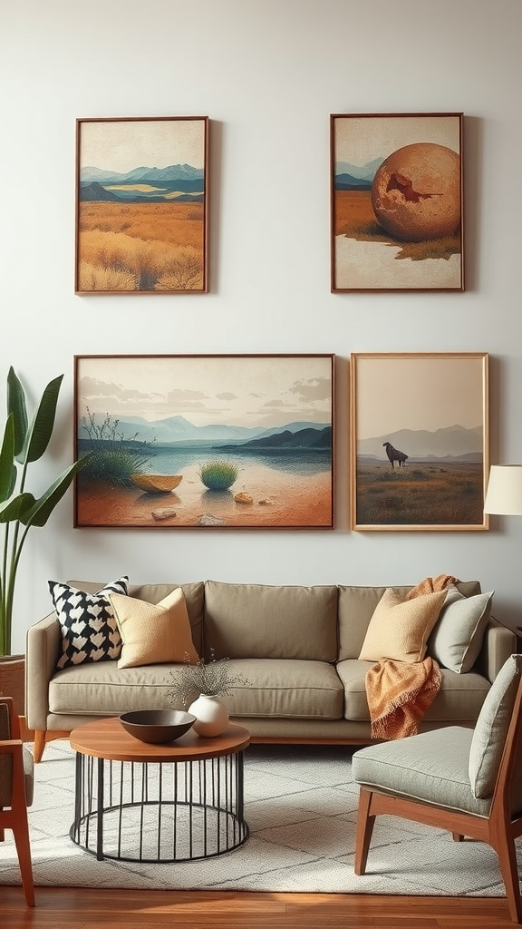 Cozy living room with earthy artwork and decor