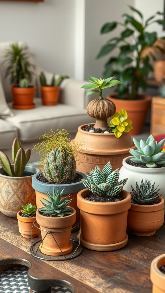 A collection of clay pots filled with various plants displayed indoors.