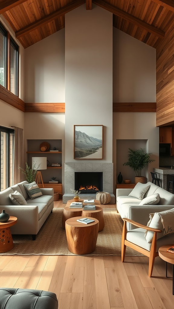 A cozy living room featuring earthy color schemes, with wooden accents and soft neutral furniture.