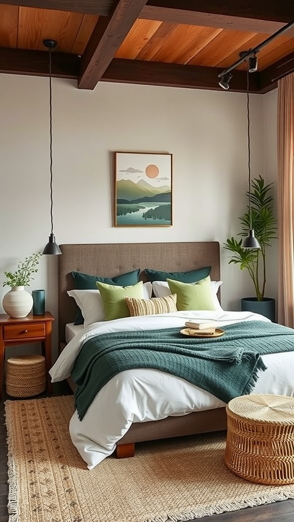 A cozy bedroom decorated with earthy tones, featuring a green blanket, wooden accents, and plants.