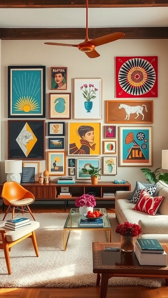 A cozy living room featuring an eclectic mix of framed art on the wall, colorful decor, and stylish furniture.