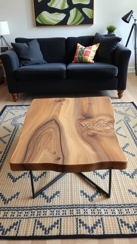 A wooden coffee table with a natural finish and unique shape, placed in front of a navy couch and patterned rug.