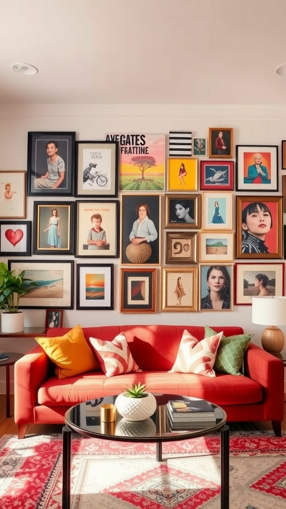 A vibrant gallery wall filled with various framed artworks and photographs above a cozy red sofa.