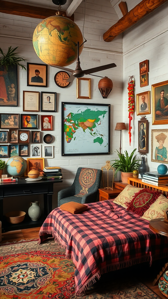 A cozy bedroom decorated with a globe, art, and cultural artifacts.