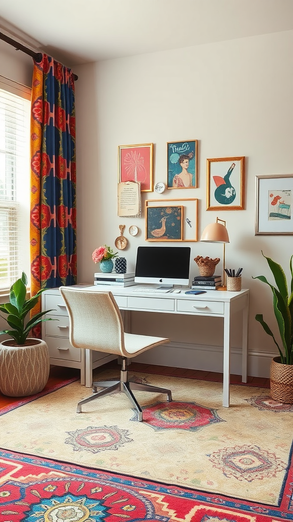 A bright and colorful home office featuring a white desk, patterned curtains, and various decorative art pieces.