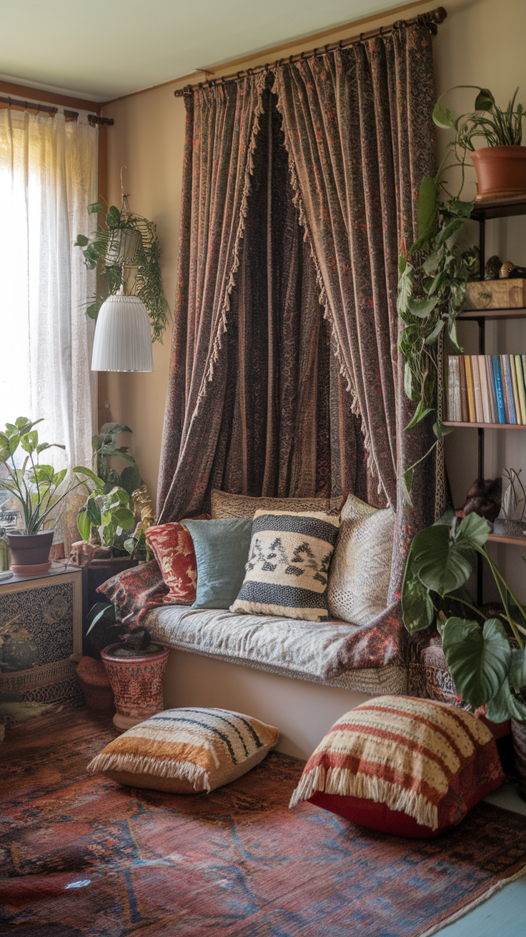 A cozy living space featuring a variety of eclectic patterned fabrics, cushions, and plants.