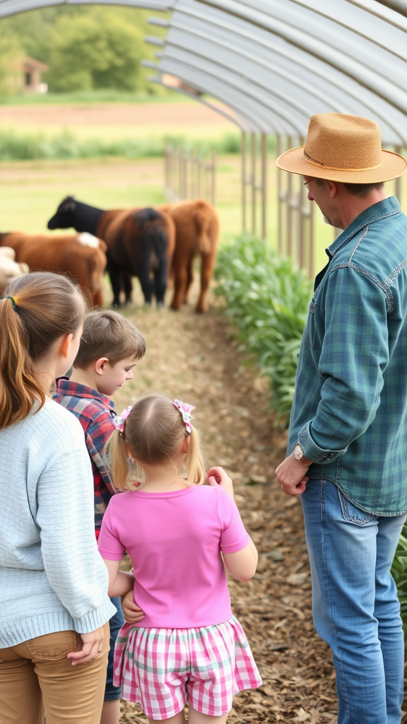 A group of children and an adult observing cattle on an educational farm tour.