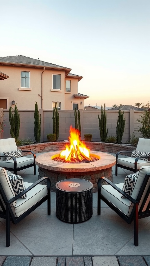 Stylish fire pit surrounded by lounge chairs in a backyard setting.