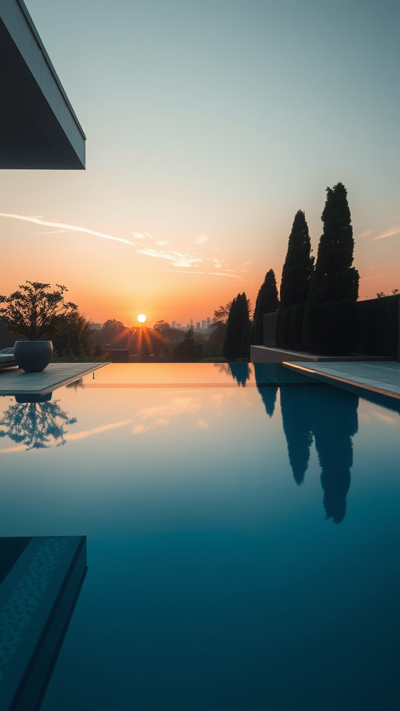 A sleek glass pool with a sunset view and surrounding greenery.