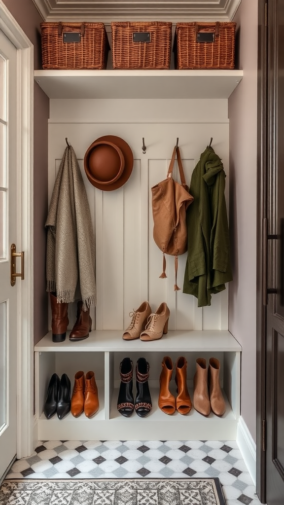 A well-organized entryway featuring neatly arranged shoes and accessories.