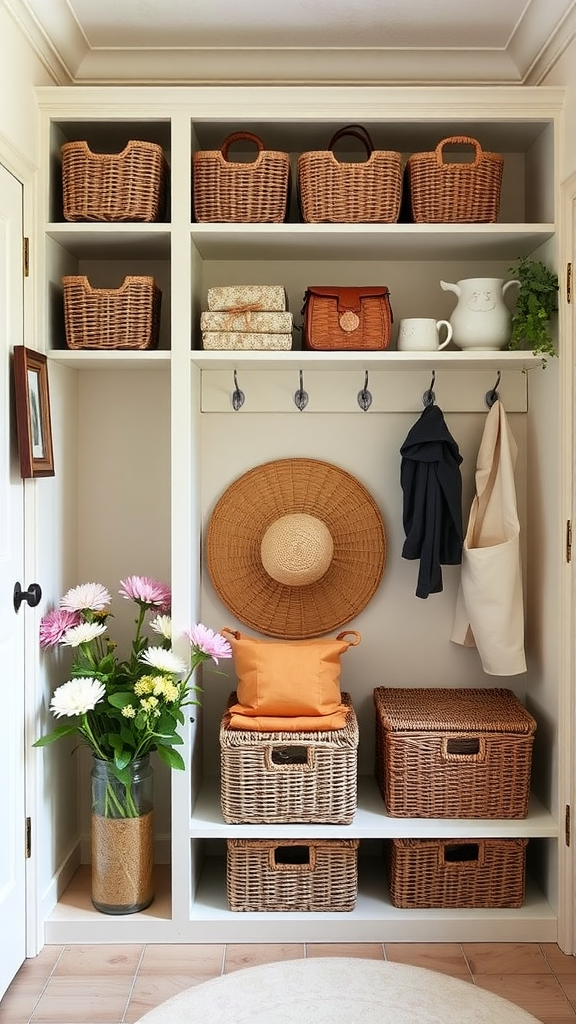 A stylish storage area featuring woven baskets, a floral arrangement, and decorative items.