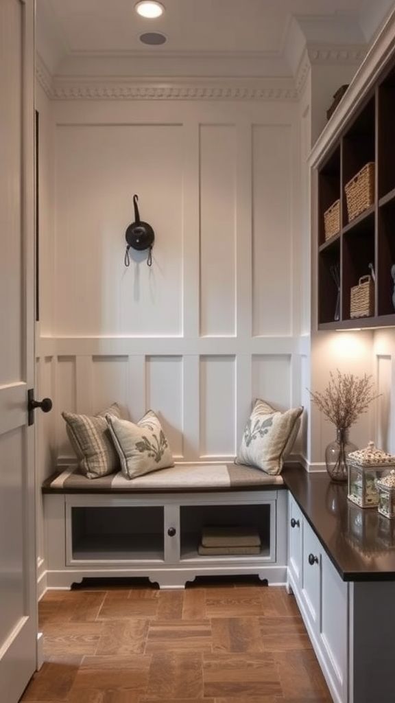 A cozy upholstered bench with decorative pillows in a well-lit room.