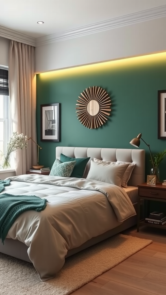 A cozy bedroom featuring an emerald accent wall, a stylish bed, and warm lighting.