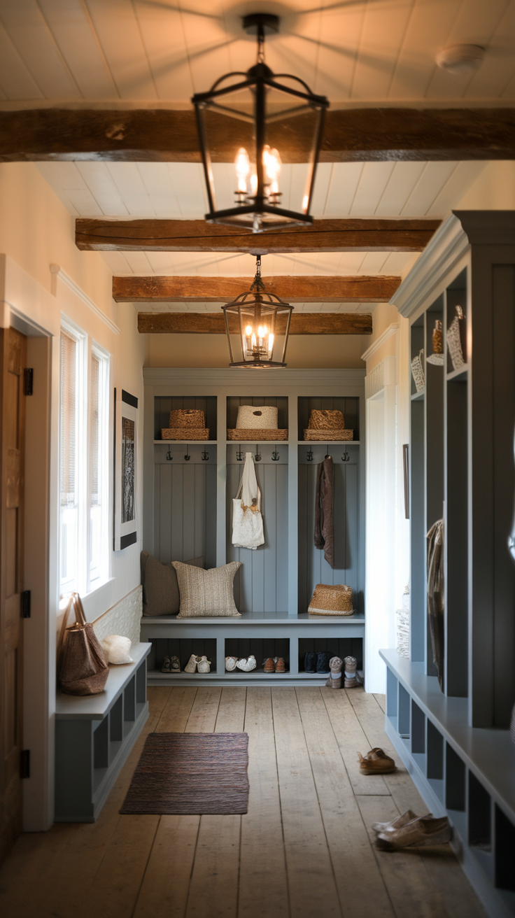 A hallway with lantern-style lighting fixtures and a cozy decor.