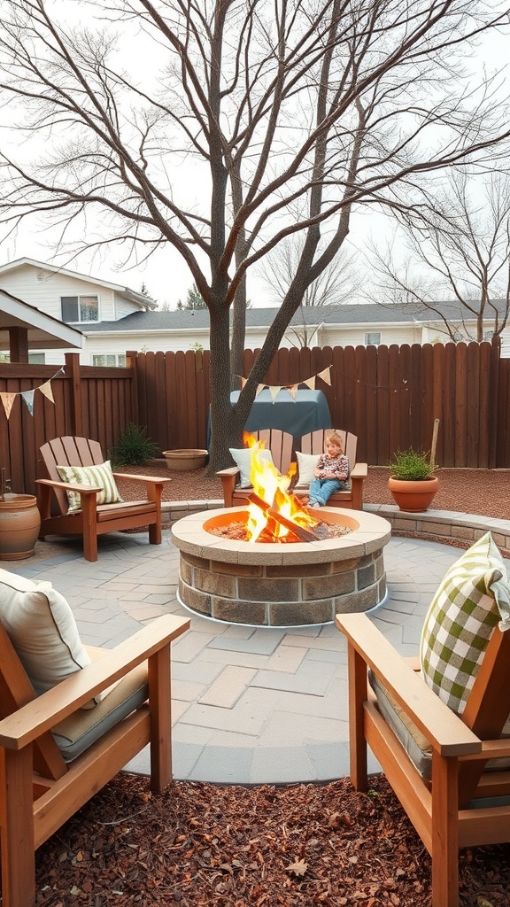 A cozy backyard fire pit surrounded by wooden chairs, with a child sitting nearby.