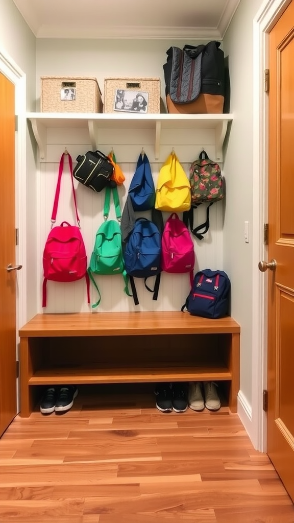 A hallway with a wooden bench, colorful backpacks hanging on the wall, and shoes stored underneath.