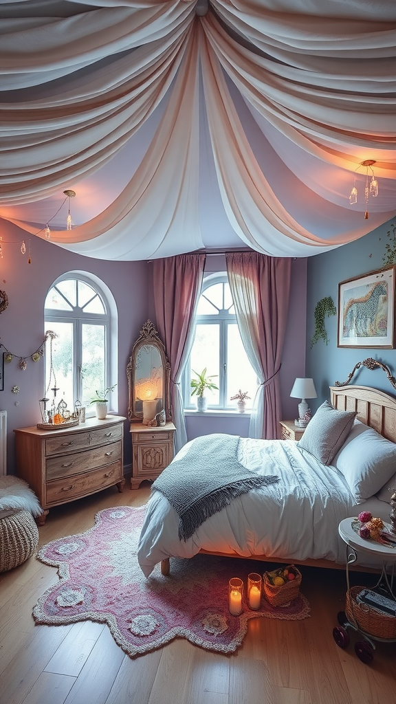 A cozy bedroom with draped ceilings, warm lighting, and a charming rug.