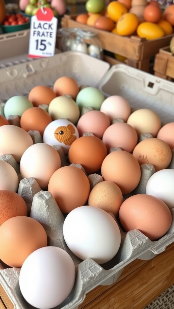 A carton filled with an assortment of farm-fresh eggs in various colors.