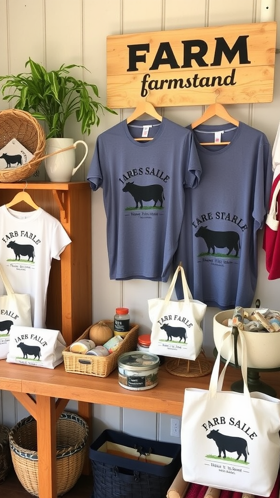 A display of farm-themed merchandise including t-shirts and tote bags.