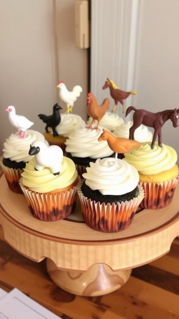 A display of farm animal cupcakes with various animal figurines on top