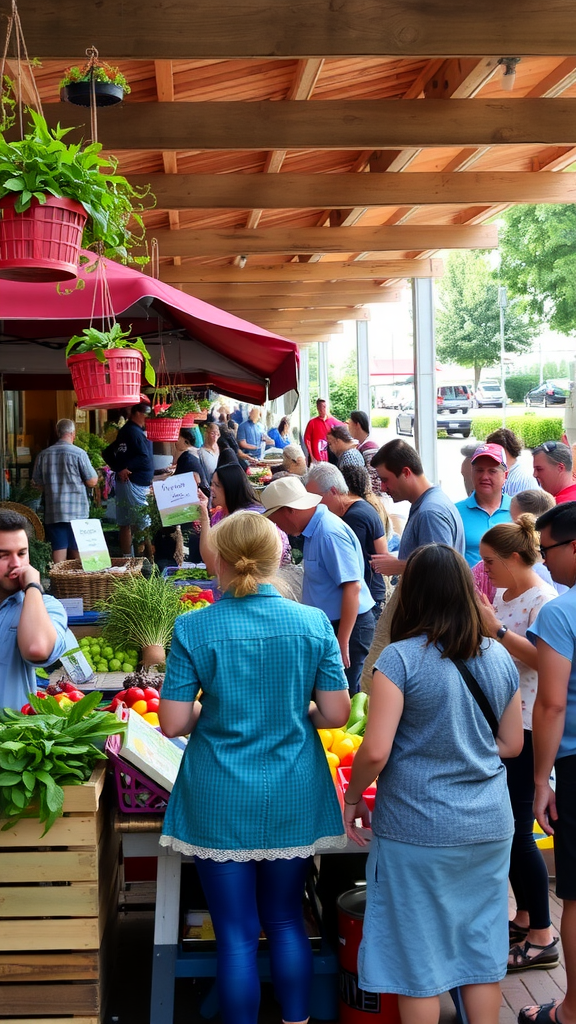 A lively farmers' market with people browsing and buying fresh produce.