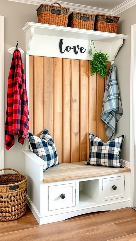 A farmhouse style bench with plaid pillows and storage baskets above.