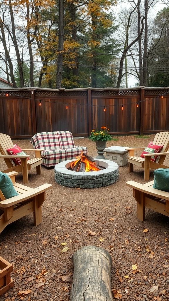 Farmhouse style fire pit area with wooden seating, stone fire pit, and string lights.