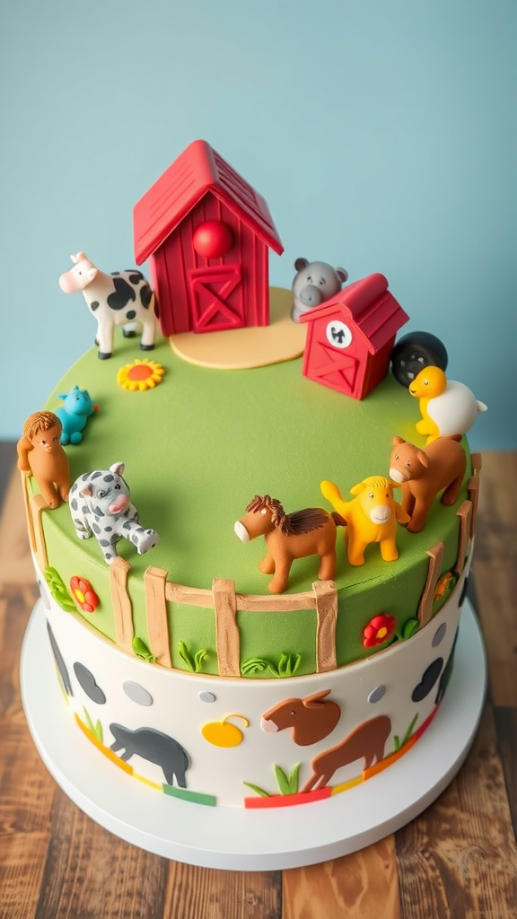 A vibrant cake decorated with farm animals and a barn.