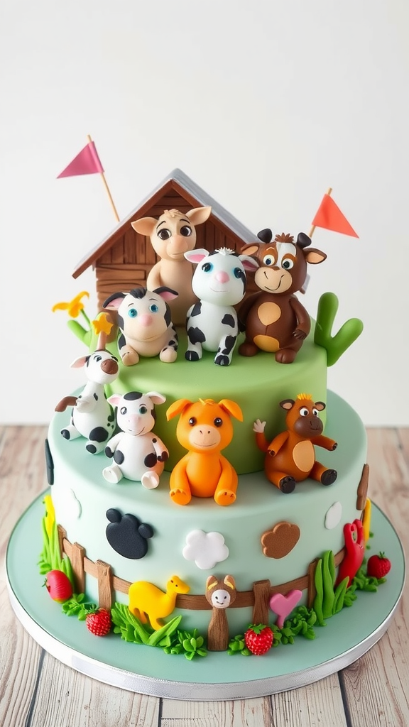 A colorful cake decorated with cute farm animal figures, including cows, pigs, and a barn.