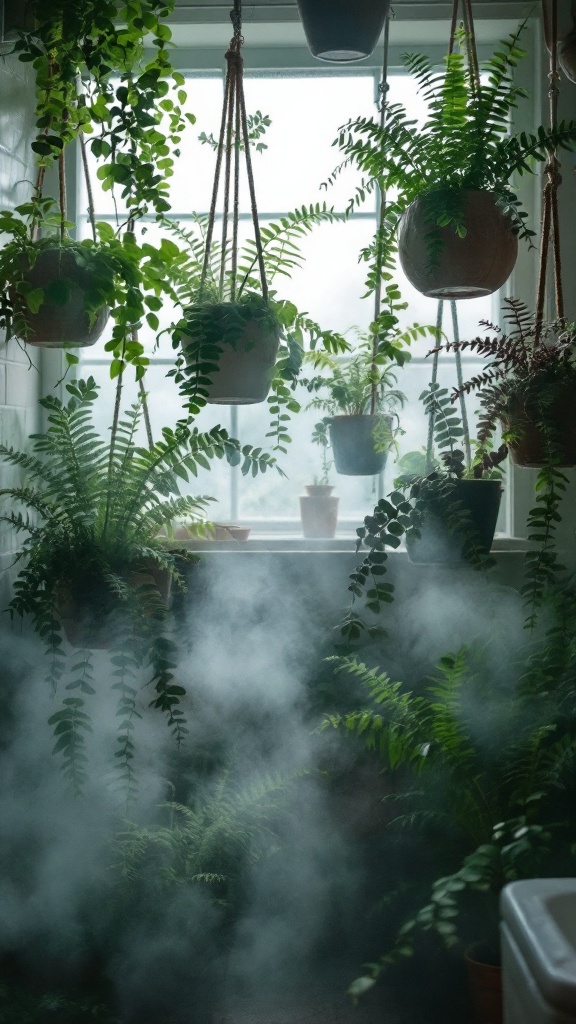 A bathroom filled with hanging ferns and plants, creating a lush green atmosphere.