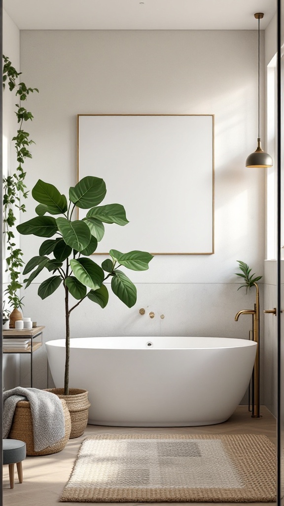 A bright bathroom featuring a Fiddle Leaf Fig plant beside a white bathtub and a cozy rug.