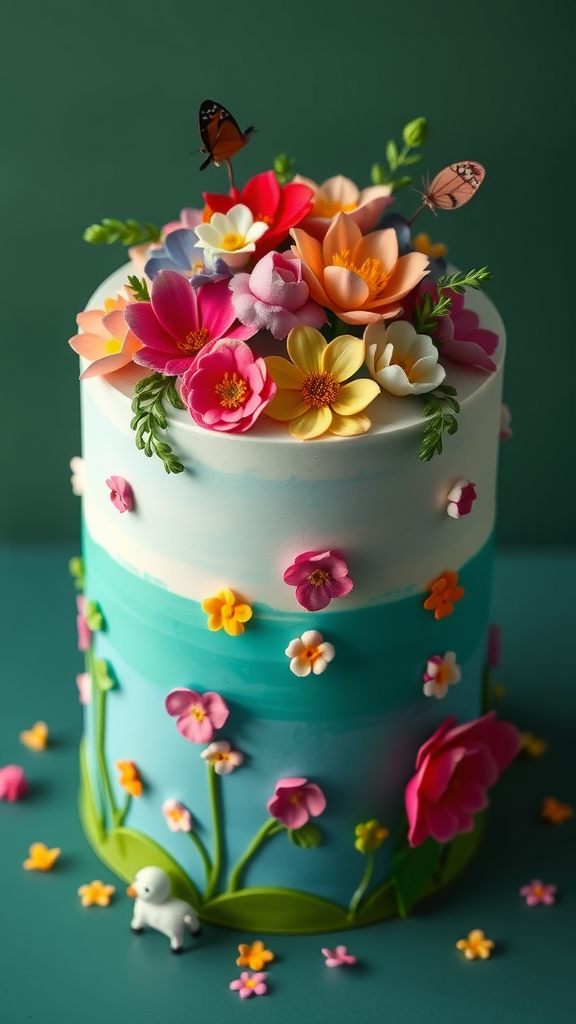 A beautifully decorated cake featuring colorful flower decorations and butterflies.