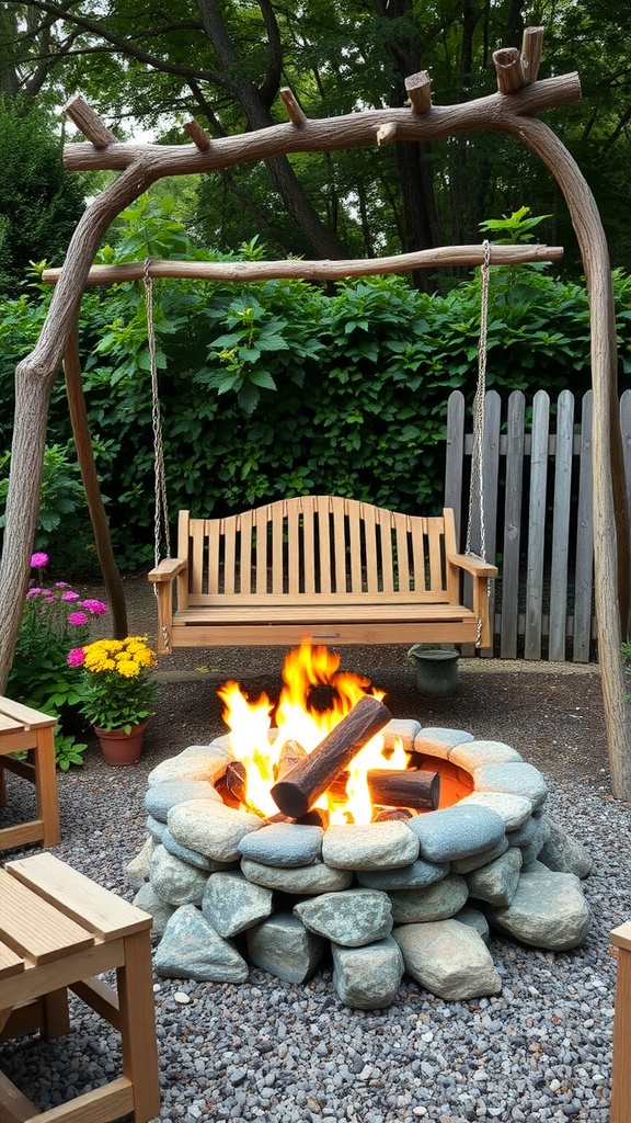 Fire pit surrounded by stones with a wooden swing nearby and colorful flowers