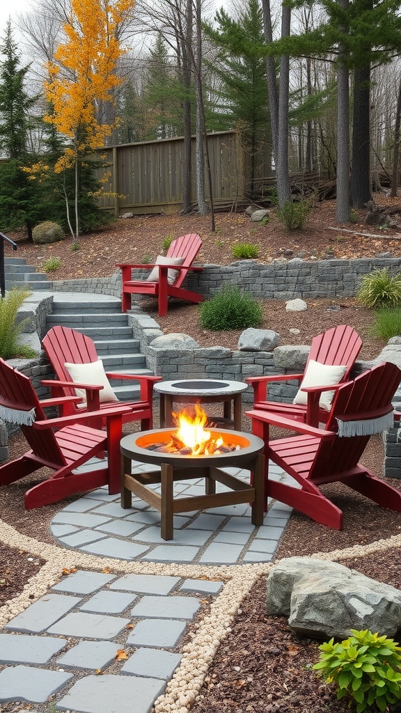 Fire pit surrounded by red Adirondack chairs in a backyard setting.