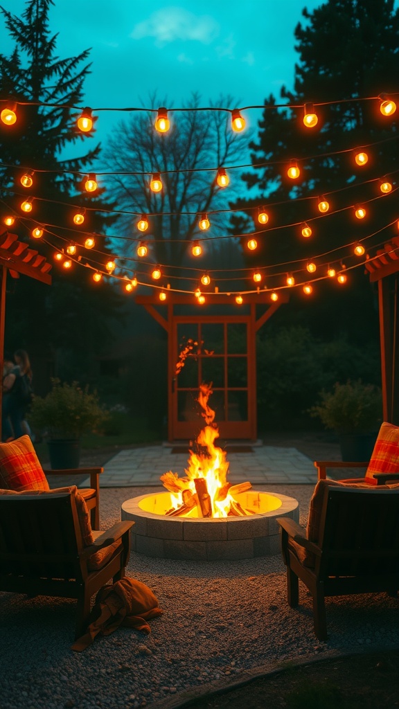 Cozy backyard with a fire pit surrounded by string lights and seating.