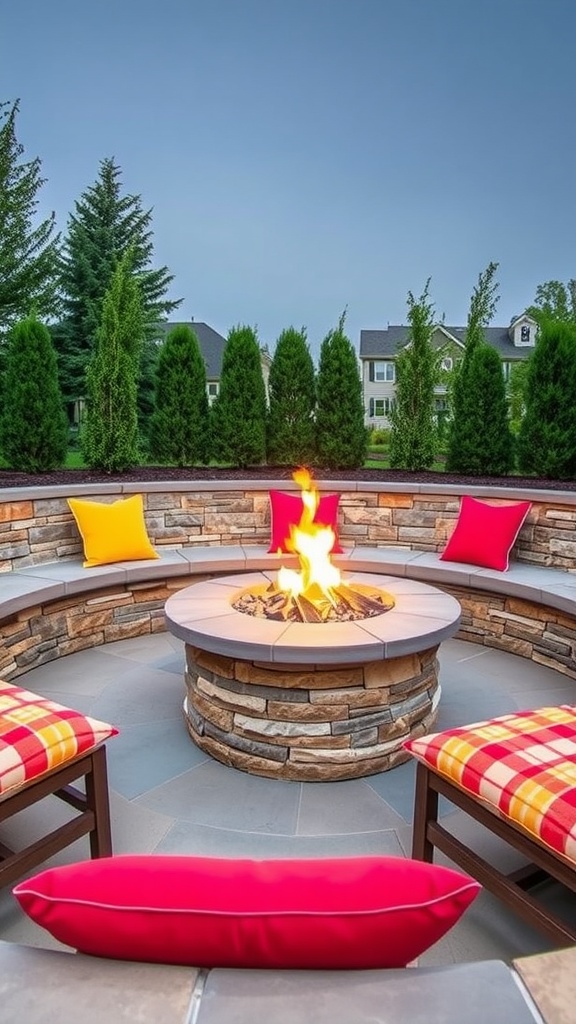 A cozy fire pit surrounded by built-in seating and colorful cushions.