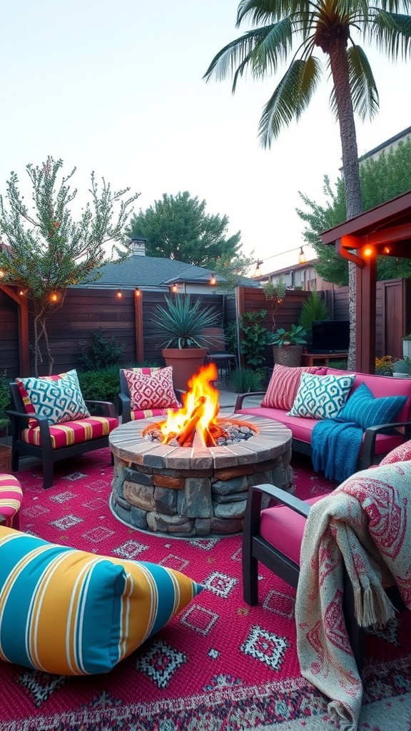 A cozy backyard setup featuring a stone fire pit surrounded by colorful cushions and a vibrant rug.