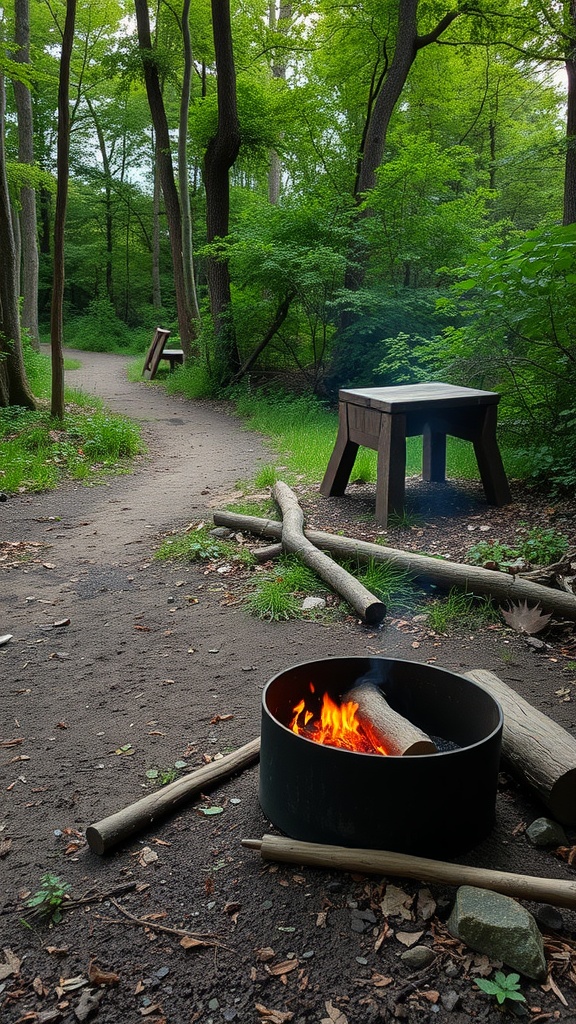 A fire pit situated beside a nature trail, surrounded by green trees and benches.