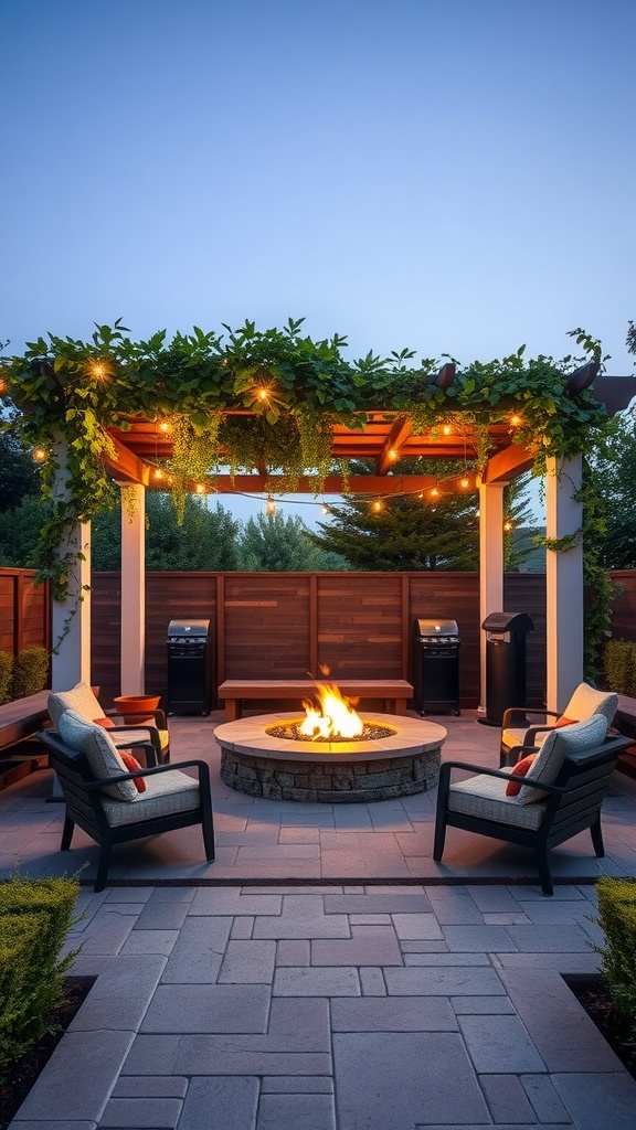 A cozy outdoor fire pit area with a pergola covered in greenery and string lights.