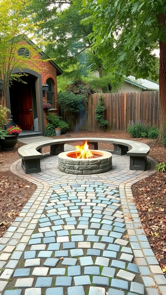 A fire pit with a circular seating arrangement and a stone pathway leading to it.